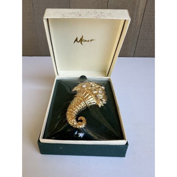Vintage MONET Crystal Gold Tone Cornucopia Bouquet Pin‎ Brooch Rhinestones NEW - Picture 1 of 9